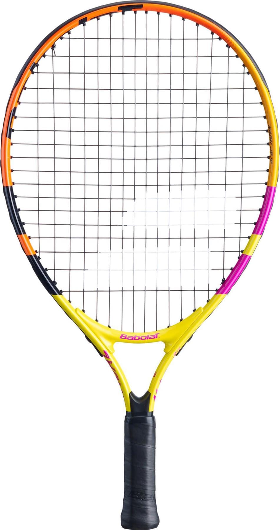 Presenting the Babolat Nadal Junior 21 Tennis Racket, tailored for young athletes and featuring a sleek black grip. Its frame boasts dynamic yellow, orange, and purple highlights. The strings are meticulously woven to boost performance, with the distinguished "Babolat" branding prominently displayed near the handle.