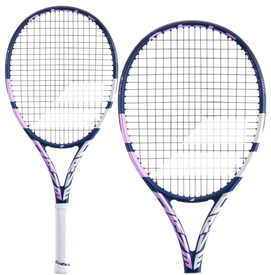Two Babolat Pure Drive Junior 25 Girls Tennis Rackets in blue, pink, and white frames are positioned side by side, showcasing both the front and an angled view. The handles, wrapped in white grip tape, reflect the pure drive for power. A logo is visible on both the strings and frame.