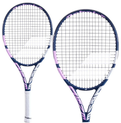 Two Babolat Pure Drive Junior 25 Girls Tennis Rackets in blue, pink, and white frames are positioned side by side, showcasing both the front and an angled view. The handles, wrapped in white grip tape, reflect the pure drive for power. A logo is visible on both the strings and frame.