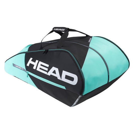 The HEAD Tour Team 12R Monstercombi 12 Racket Tennis Bag in black and mint showcases a bold white logo and sleek aerodynamic design. It includes a handle strap, a zippered compartment that can hold up to 12 rackets, and features CCT+ climate control technology for optimal racket protection.