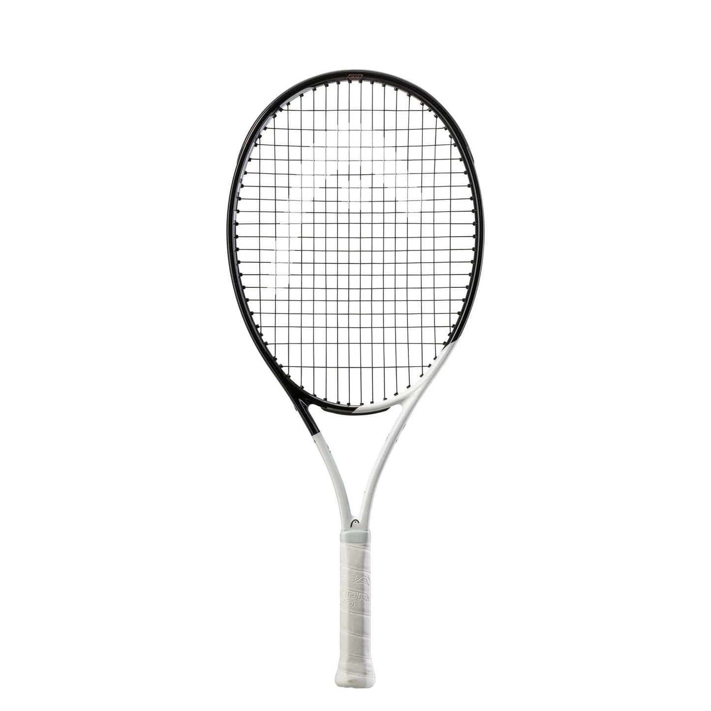 The HEAD Speed Junior 25 2022 Tennis Racket by HEAD showcases a sleek white and black design with a white grip, all set against a simple white background. Equipped with Graphene Inside technology, this racket offers enhanced performance and precision on the court.