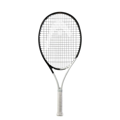 The HEAD Speed Junior 25 2022 Tennis Racket by HEAD showcases a sleek white and black design with a white grip, all set against a simple white background. Equipped with Graphene Inside technology, this racket offers enhanced performance and precision on the court.