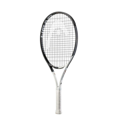 Presenting the HEAD Speed Junior 25 2022 Tennis Racket in white and black, this model by HEAD boasts Graphene Inside technology for enhanced performance via its auxetic construction. The design features a sleek white frame with black strings and includes a comfortable black grip handle. The brand's logo adorns both the strings and handle for a touch of elegance.