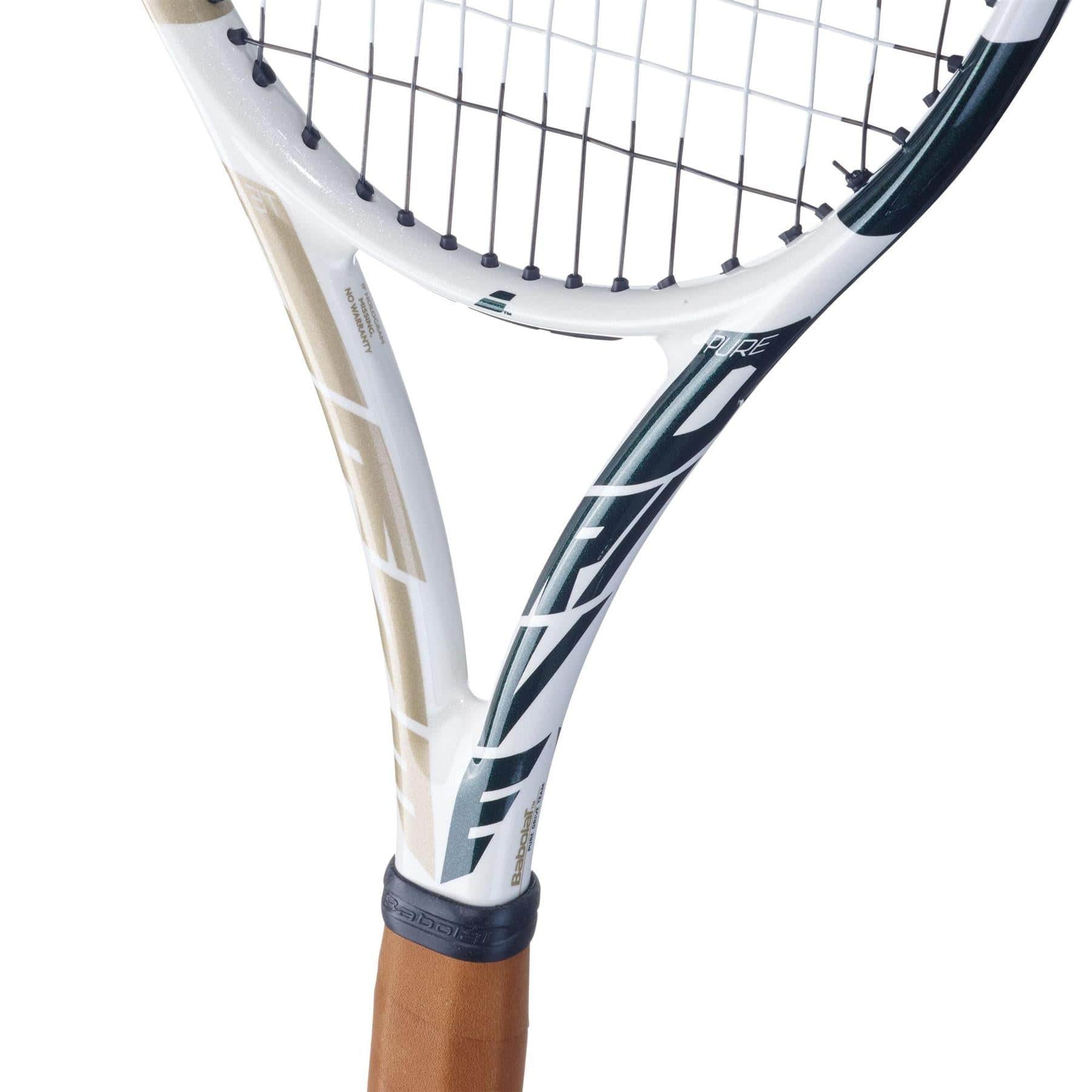 The close-up of the Babolat Pure Drive Team Tennis Racket - Wimbledon (Frame Only) highlights its sleek design, featuring a white and dark green frame paired with a brown grip. The tightly woven strings enhance its modern appeal, incorporating SWX Pure Feel for an elevated playing experience.