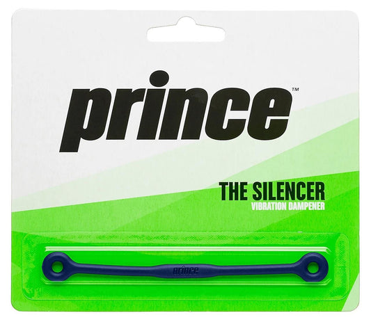 The packaging of the Prince "The Silencer" Vibration Dampener - Blue features a sleek design in blue and white, prominently displaying the Prince brand logo and product name. This essential tool for reducing string vibration is neatly presented to emphasize its quality and effectiveness.