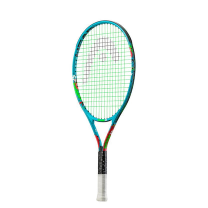 A standout HEAD Novak 25 Junior Tennis Racket, vibrant with a blue and red frame, green strings, and a white grip, is showcased against a plain white background. Enhanced with Damp+ insert technology, this racket offers young players the precision and comfort they need to follow in Novak Djokovic's footsteps.