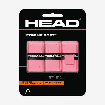 The HEAD Xtreme Soft Tennis Overgrip (3 Pack) in pink, by HEAD, features three grip rolls. With a thickness of 0.5 mm, it provides excellent sweat absorption and enhanced tackiness to boost your on-court performance.