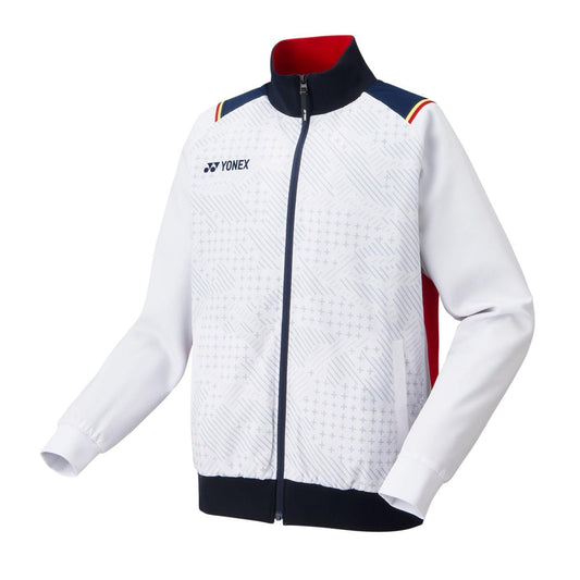 Introducing the Yonex 70090 Tracksuit Warm-Up Jacket in white, this stylish piece features a subtle geometric pattern on the front, complemented by black accents on the cuffs and hem and enhanced with a vibrant red inner lining. The jacket incorporates Heat Capsule technology to keep you cozy and includes a front zipper and Yonex logo on the chest.