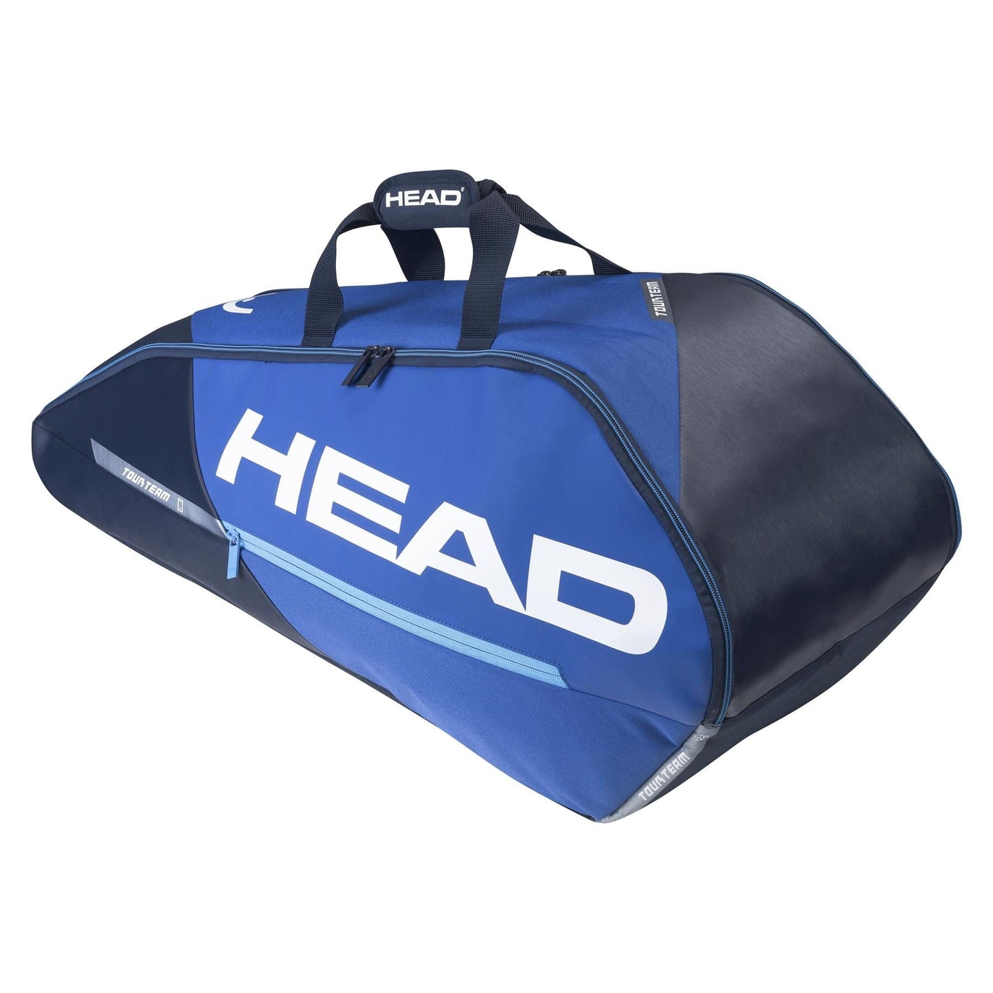Introducing the HEAD Tour Team 6R Combi Tennis Bag in Blue and Navy, designed by HEAD. This bag features climate control technology, a zippered main compartment, and prominently displays the word "HEAD" in large white letters on its side. It comes with two handles for efficiently carrying up to six tennis rackets.