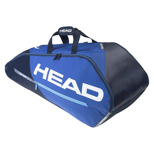 Introducing the HEAD Tour Team 6R Combi Tennis Bag in Blue and Navy, designed by HEAD. This bag features climate control technology, a zippered main compartment, and prominently displays the word "HEAD" in large white letters on its side. It comes with two handles for efficiently carrying up to six tennis rackets.