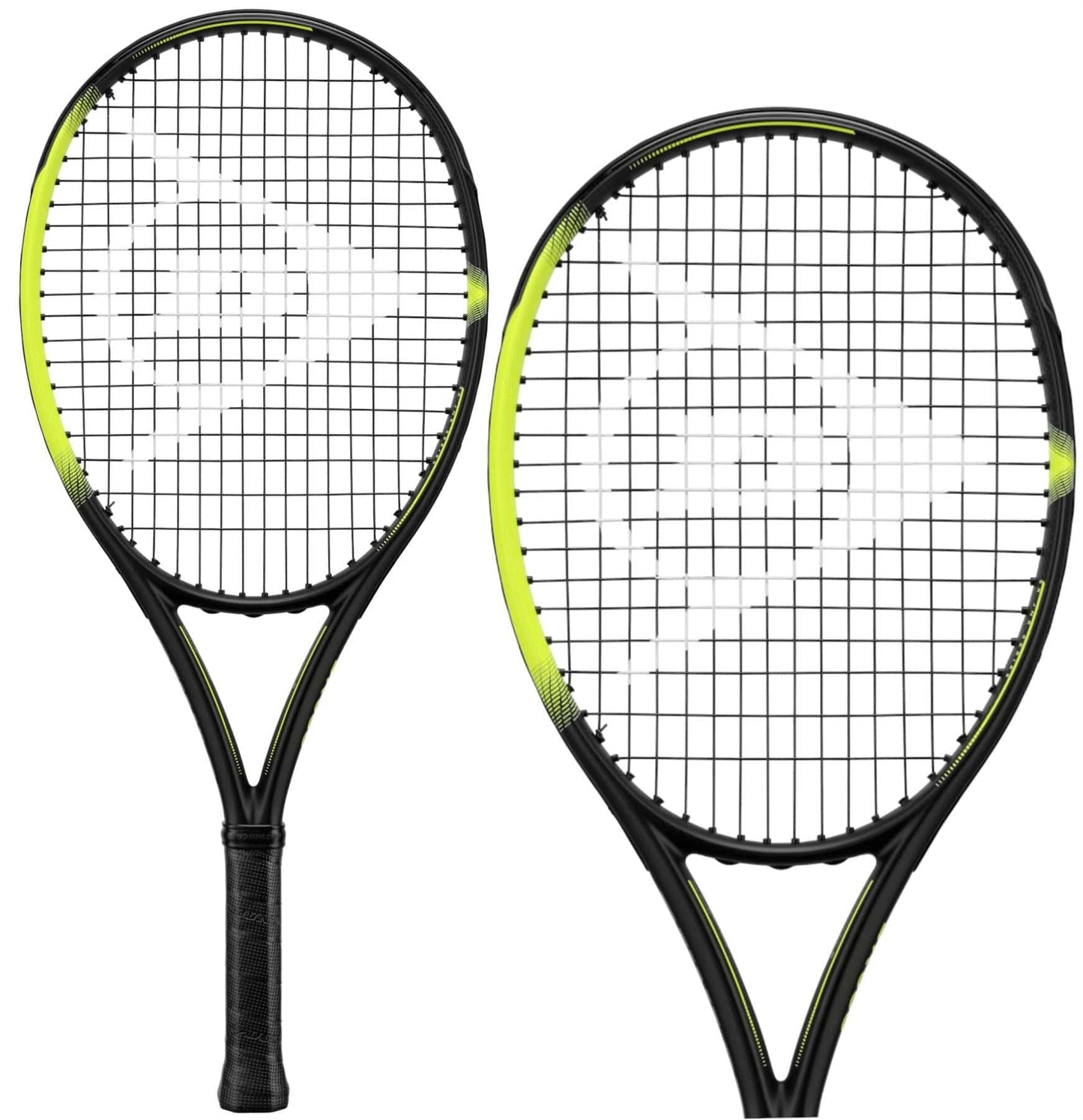 The Dunlop SX 300 Junior 25 Tennis Rackets in black and green are depicted with crisscrossing strings, featuring front and back views. The design includes a neon green accent along the frame, crafted with advanced HM6 Carbon for superior performance.