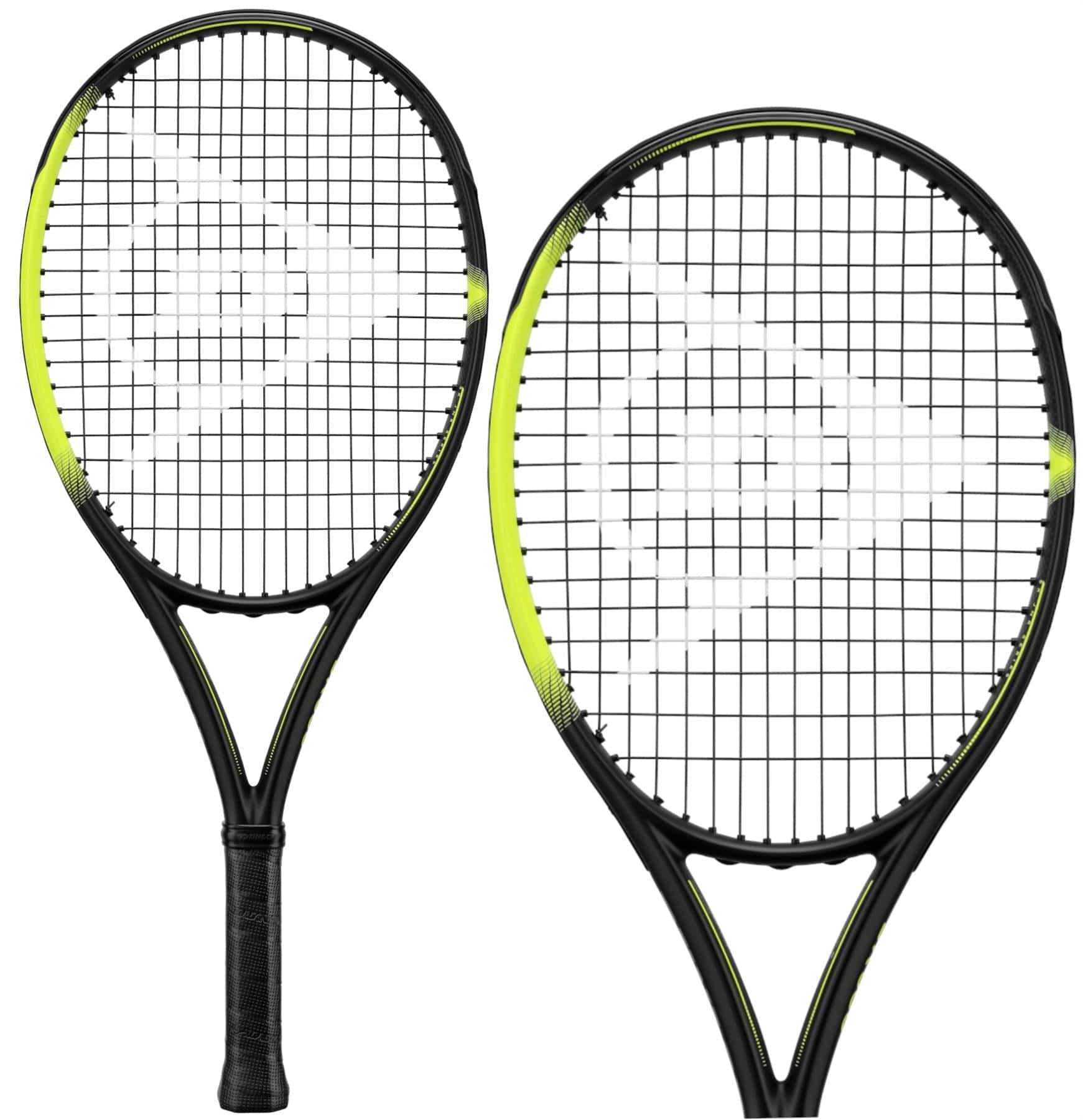 The Dunlop SX 300 Junior 25 Tennis Rackets in black and green are depicted with crisscrossing strings, featuring front and back views. The design includes a neon green accent along the frame, crafted with advanced HM6 Carbon for superior performance.