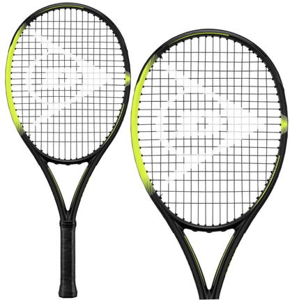 The Dunlop SX 300 Junior 25 Tennis Rackets in black and green are depicted with crisscrossing strings, featuring front and back views. The design includes a neon green accent along the frame, crafted with advanced HM6 Carbon for superior performance.