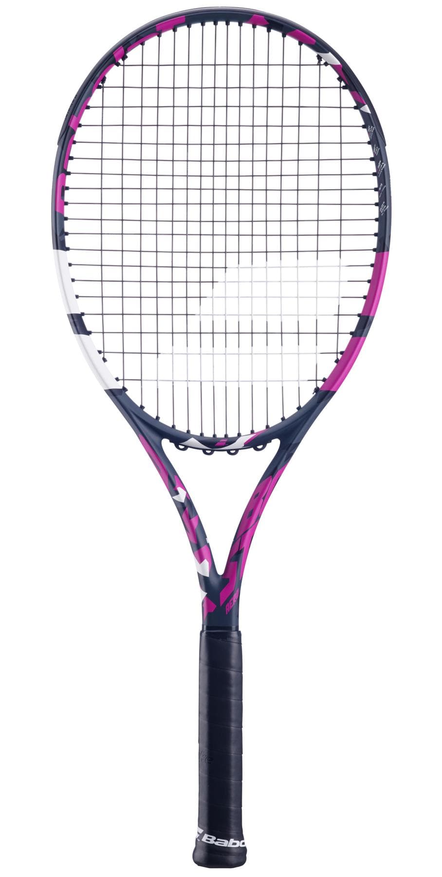 The Babolat Boost Aero Pink 260g Tennis Racket (Strung) is a lightweight graphite tennis racket by Babolat. It features a sleek pink and black design, complete with a black grip and white strings displaying the iconic stylized "B." The frame is elegantly accented with pink and white on a sophisticated black background.