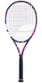 The Babolat Boost Aero Pink 260g Tennis Racket (Strung) is a lightweight graphite tennis racket by Babolat. It features a sleek pink and black design, complete with a black grip and white strings displaying the iconic stylized "B." The frame is elegantly accented with pink and white on a sophisticated black background.