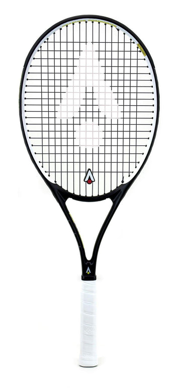 The Karakal Pro Composite Tennis Racket - Black / White by Karakal, ideal for beginner to intermediate players, features a sleek black frame with a white grip. Its tightly woven string pattern on a plain white background highlights the graphite composite construction for improved performance.