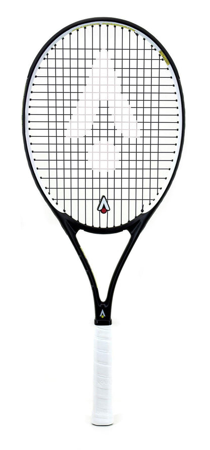 The Karakal Pro Composite Tennis Racket - Black / White by Karakal, ideal for beginner to intermediate players, features a sleek black frame with a white grip. Its tightly woven string pattern on a plain white background highlights the graphite composite construction for improved performance.