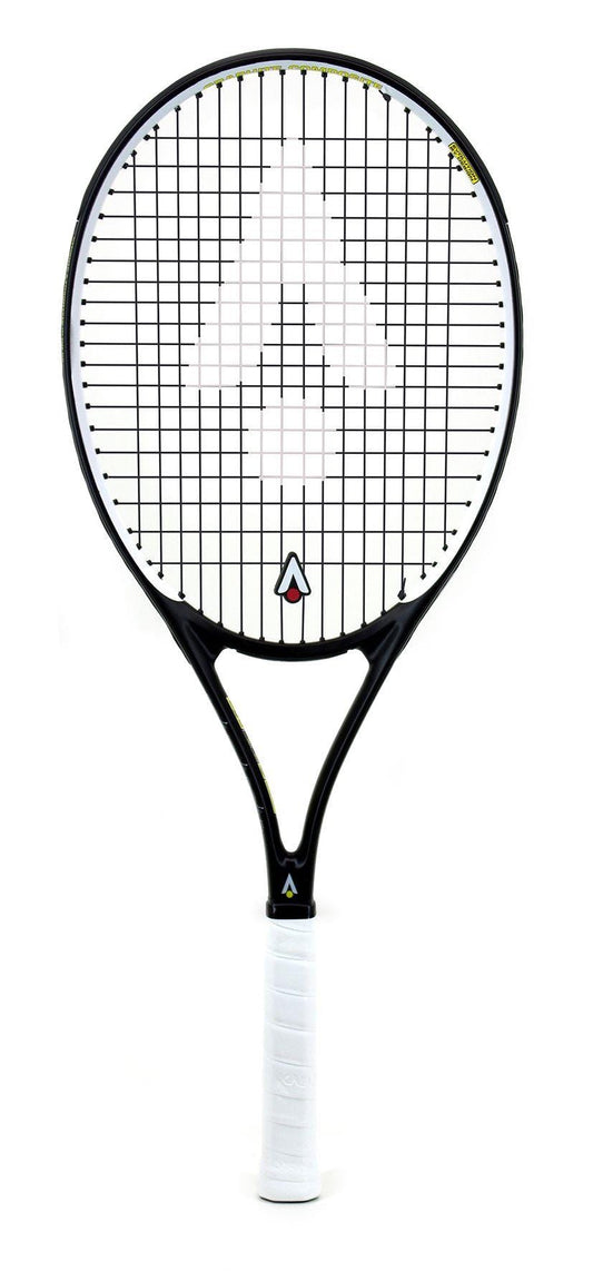 The Karakal Pro Composite Tennis Racket - Black / White by Karakal, ideal for beginner to intermediate players, features a sleek black frame with a white grip. Its tightly woven string pattern on a plain white background highlights the graphite composite construction for improved performance.