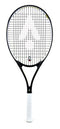 The Karakal Pro Composite Tennis Racket - Black / White by Karakal, ideal for beginner to intermediate players, features a sleek black frame with a white grip. Its tightly woven string pattern on a plain white background highlights the graphite composite construction for improved performance.