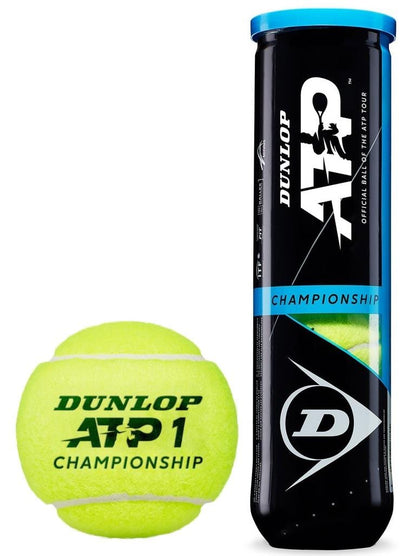 Showcasing a Dunlop ATP Championship Tennis Ball from a 3 Ball Tube beside its can, the eye-catching black and blue design features the ATP Tour official logo. It highlights Durafelt HD Cloth and Max Core technology for enhanced performance.