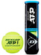 Showcasing a Dunlop ATP Championship Tennis Ball from a 3 Ball Tube beside its can, the eye-catching black and blue design features the ATP Tour official logo. It highlights Durafelt HD Cloth and Max Core technology for enhanced performance.