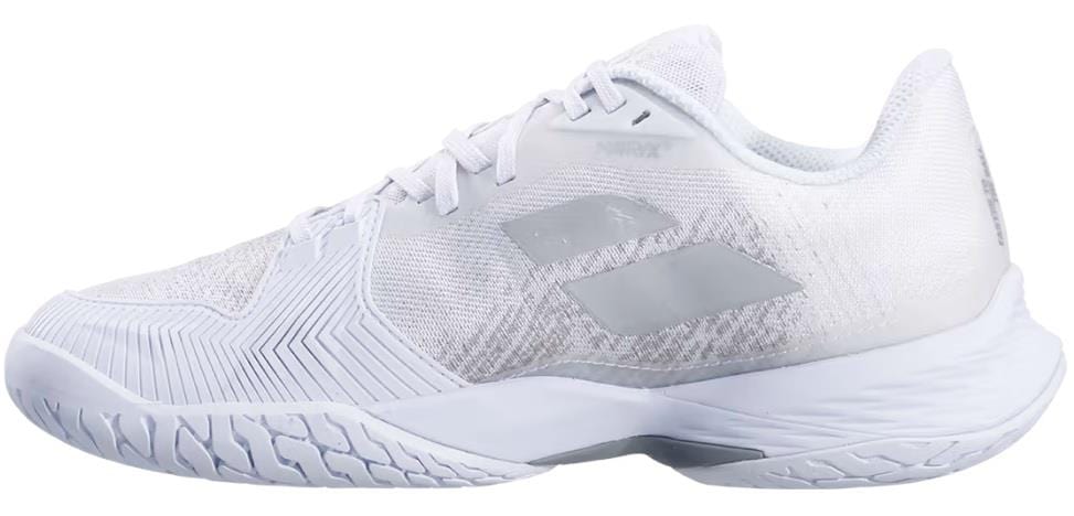 Introducing the Babolat Jet Mach 3 All Court Men's Tennis Shoes in White/Silver. These sneakers feature a textured sole, mesh upper, and reflective accents. Designed for ultimate comfort with shock absorption technology, they include laces for closure and boast a sleek, modern design, making them ideal for both sports activities and casual outings.