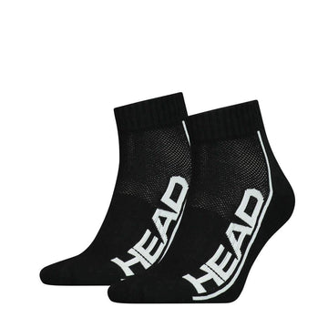 A pair from the HEAD Stripe Quarter Tennis Socks (2 Pack) in black, showcasing bold white "HEAD" lettering along the side. These socks offer cushioned soles and ribbed cuffs, featuring a mesh-like texture on top for breathability and added arch support for enhanced comfort.