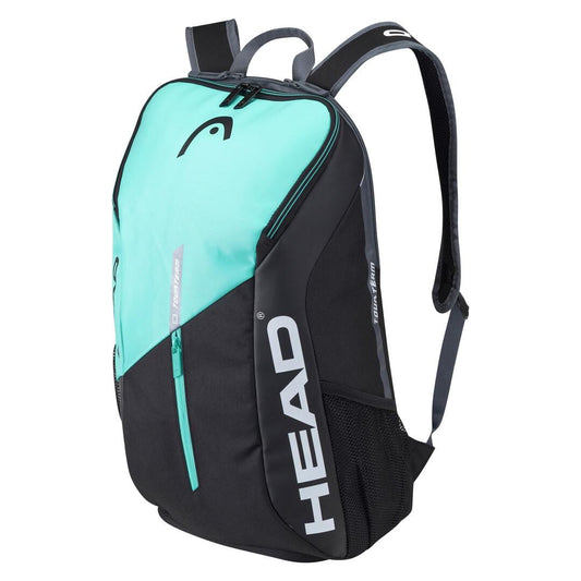 The HEAD Tour Team Tennis Backpack in black and mint features a front zipper pocket, a compartment for rackets, and adjustable straps, with the brand name "HEAD" prominently printed in white on the side.