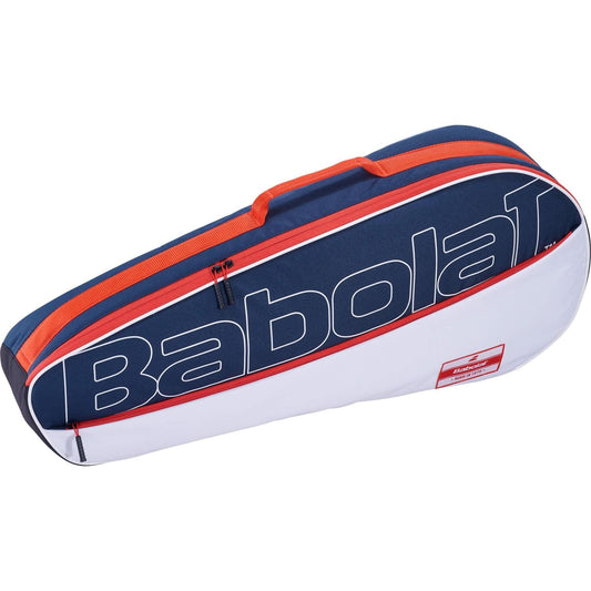 A sleek Babolat RH3 Essential 3 Racket Tennis Bag in white, blue, and red, featuring a striking handle and zipper. The brand name is prominently displayed on the side, while the streamlined design makes it perfect for carrying your rackets effortlessly.