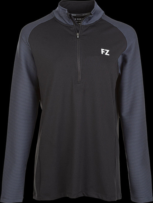 The FZ Forza Stacey Pulli Women's Quarter Zip Jacket in black is a stylish option, boasting stretchable long striped sleeves in a darker shade and a high collar. It showcases the "FZ" logo on the left chest and incorporates Dryforze technology for improved comfort.