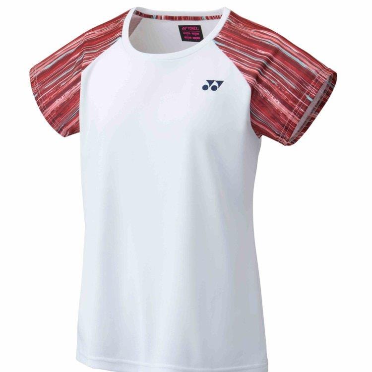 The Yonex 16574 Women's T-Shirt in white showcases a sporty design with red and white striped short sleeves. Crafted from sweat-absorbing, quick-dry fabric, it features a subtle blue logo on the left chest for an extra touch of style.