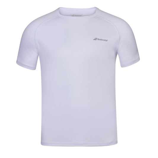 The Babolat Mens Play Crew Neck Tennis T-Shirt in white is crafted from Fiber Dry-polyester and features a small Babolat logo on the left chest.