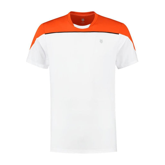 The K-Swiss Hypercourt Block Crew Tee 3 Men's T-Shirt in White and Spicy Orange embodies tennis style with its white short sleeves, eye-catching orange shoulder panel, and a sleek black stripe across the chest. This performance piece seamlessly marries function and fashion, featuring a small, understated logo on the left side for subtle branding.