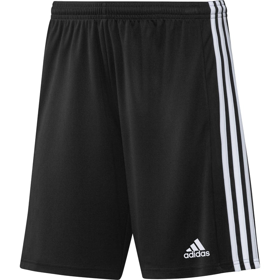 The Adidas Squadra 21 Men's Shorts in black showcase three signature white stripes along each side. Crafted with Aeroready Technology, these shorts are designed to keep you cool and comfortable. The adidas logo is prominently featured on the lower left leg.