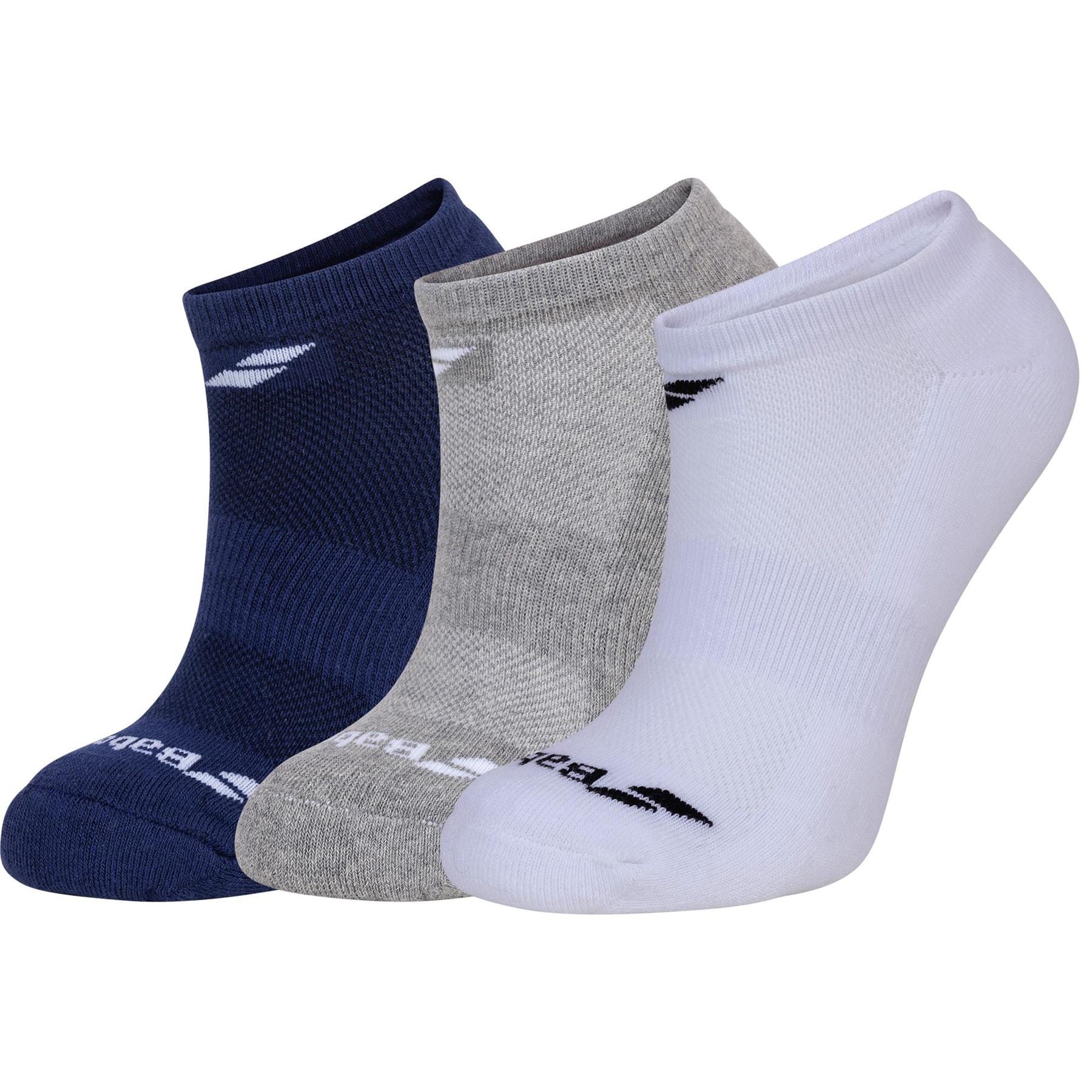 The Babolat Invisible Trainer Socks 3 Pack includes three pairs of ankle socks in navy, gray, and white, each featuring a small logo near the cuff and a subtle support band for enhanced comfort.