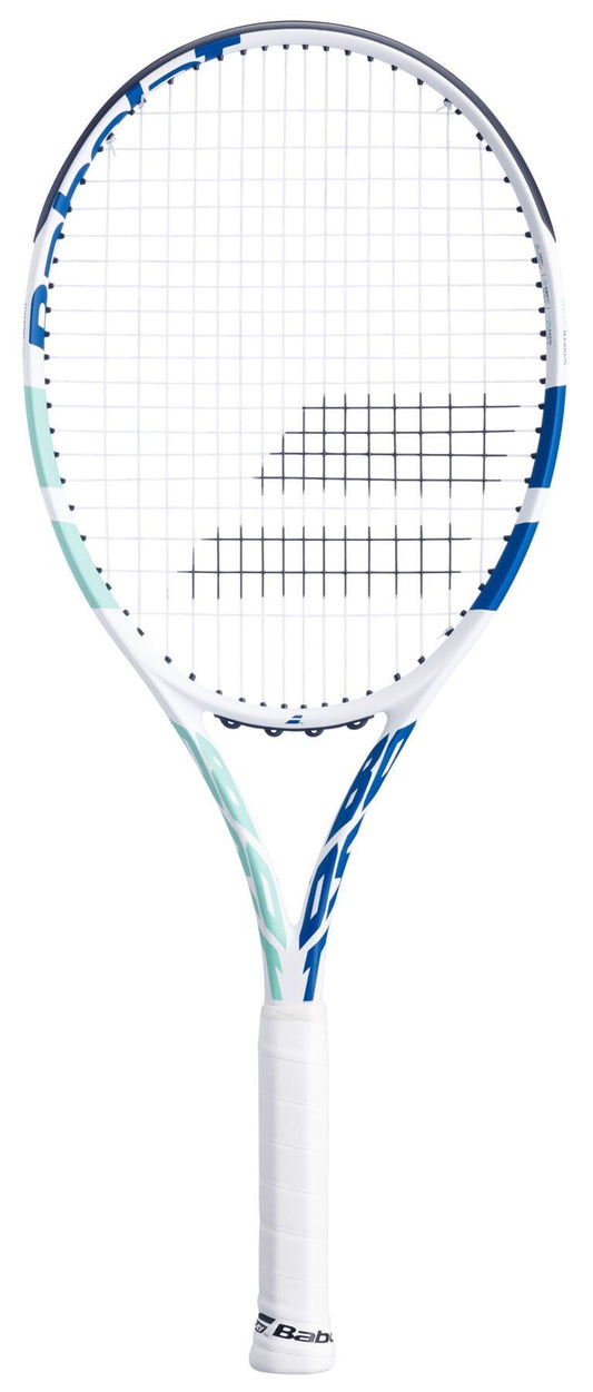Against a plain backdrop, the Babolat Boost Drive W 260g Tennis Racket is showcased. This lightweight tennis racket features full graphite construction, and its stunning white and teal design is accented in blue. The racket is equipped with a white grip and displays an intricate geometric pattern on the strings, embodying sleek performance for every game.