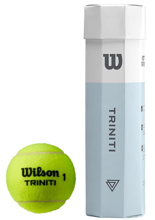 A Wilson Triniti Tennis Ball, in a vibrant yellow hue, is presented alongside its cylindrical tube that combines white and light blue colors. The ball showcases prominent black text and arrives in recyclable packaging. The tube accentuates the "Triniti" brand with its logo, underlining a commitment to sustainable tennis balls offered by Wilson Triniti Tennis Balls - 4 Ball Tube.