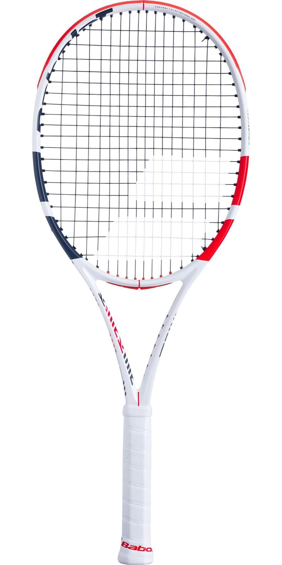 The Babolat Pure Strike Lite Tennis Racket - White / Red / Black (Strung) from Babolat features a white frame accented with bold red and black elements, paired with a white grip. It incorporates advanced control technology, and its string pattern is designed as a precise grid across the head for optimal performance.