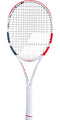 The Babolat Pure Strike Lite Tennis Racket - White / Red / Black (Strung) from Babolat features a white frame accented with bold red and black elements, paired with a white grip. It incorporates advanced control technology, and its string pattern is designed as a precise grid across the head for optimal performance.