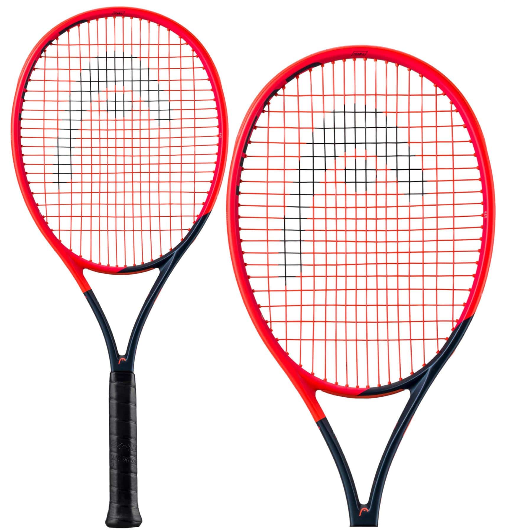 Two HEAD Radical Team L 2023 tennis rackets with black grips and orange/navy blue frames are displayed, featuring a graphene-infused design. The strings create a grid pattern with a subtle logo visible. Enhanced by innovative auxetic technology, these HEAD rackets are positioned side by side for optimal performance.