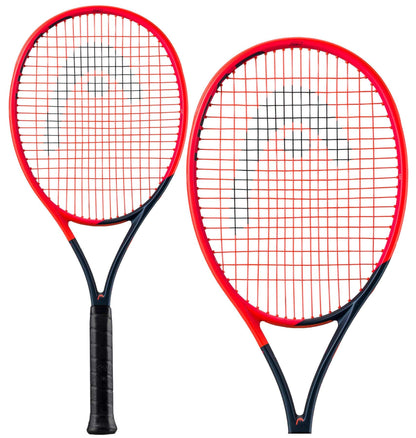 Two HEAD Radical Team L 2023 tennis rackets with black grips and orange/navy blue frames are displayed, featuring a graphene-infused design. The strings create a grid pattern with a subtle logo visible. Enhanced by innovative auxetic technology, these HEAD rackets are positioned side by side for optimal performance.