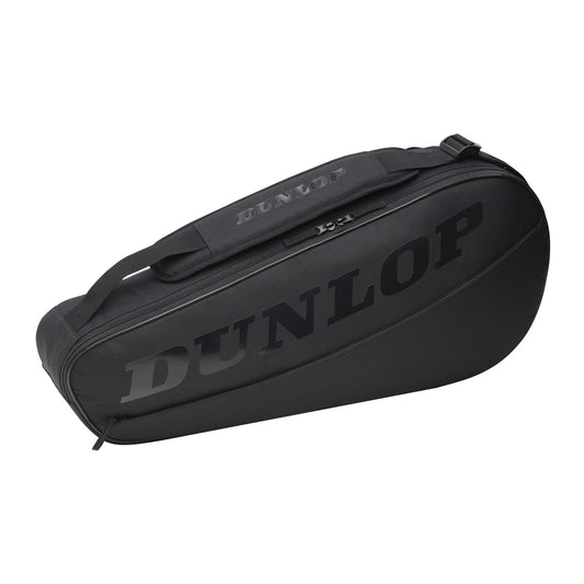 Here's a revised version of the sentence using the provided product data:

The Dunlop CX Club 3 Racket Tennis Bag - Black is a stylish bag equipped with a shoulder strap and zipper, showcasing the iconic Dunlop logo prominently on its side. It is perfectly designed to conveniently carry tennis rackets, equipment, and accessories.