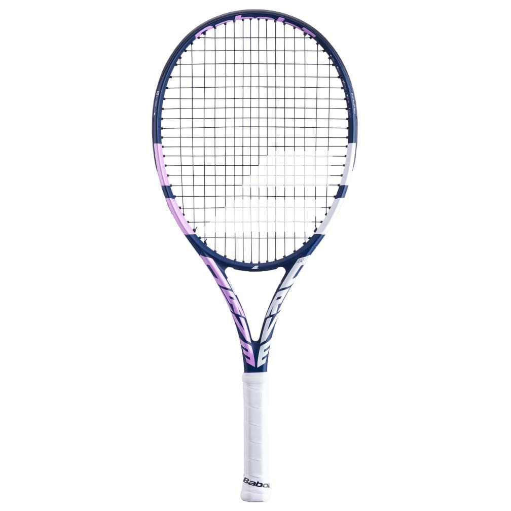 The Babolat Pure Drive Junior 25 Girls Tennis Racket features an eye-catching blue, pink, and white color scheme complemented by a robust string pattern. Its handle is elegantly wrapped in a sleek white grip, while the frame is adorned with lively branding and graphics for a striking appearance.