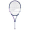 The Babolat Pure Drive Junior 25 Girls Tennis Racket features an eye-catching blue, pink, and white color scheme complemented by a robust string pattern. Its handle is elegantly wrapped in a sleek white grip, while the frame is adorned with lively branding and graphics for a striking appearance.