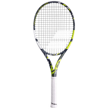 Introducing the Babolat Pure Aero Lite 2023 Tennis Racket, designed in a striking grey and yellow color scheme. This racket incorporates Babolat's FSI Spin Technology to provide enhanced control. It features tightly woven strings and a handle wrapped in a white grip, making it an exceptional choice for generating spin.