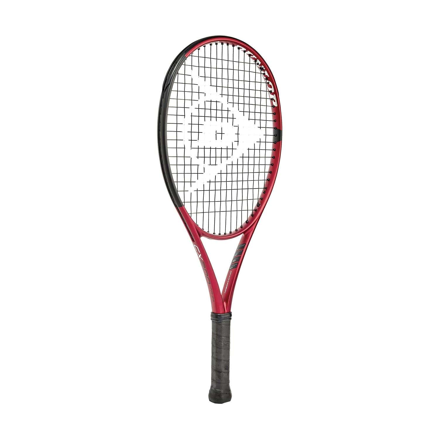 The Dunlop CX 200 Junior 25 Tennis Racket, branded by Dunlop, showcases a striking red and black design. This racket is crafted from durable HM6 Carbon and includes a distinctive string pattern on the head. Its frame has a gentle curve to it, with the brand logo prominently displayed upright at the center of the strings against a simple white backdrop.