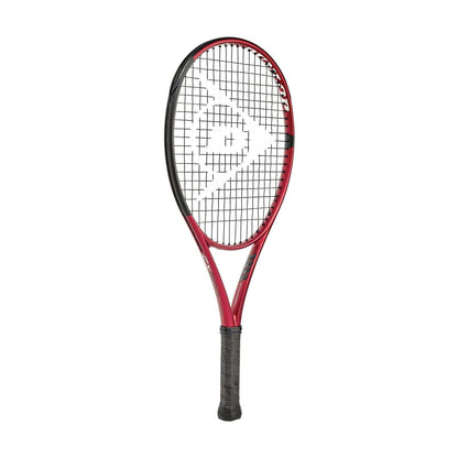 The Dunlop CX 200 Junior 25 Tennis Racket, branded by Dunlop, showcases a striking red and black design. This racket is crafted from durable HM6 Carbon and includes a distinctive string pattern on the head. Its frame has a gentle curve to it, with the brand logo prominently displayed upright at the center of the strings against a simple white backdrop.
