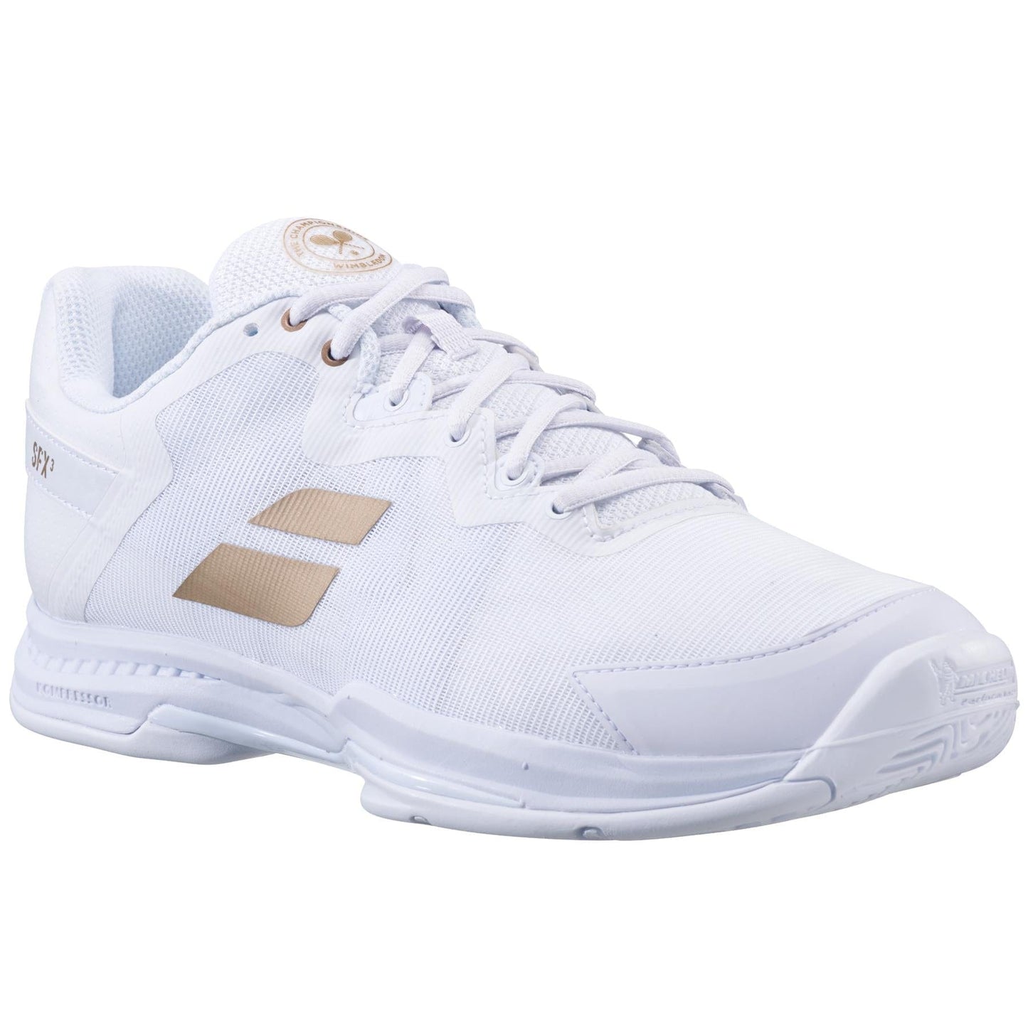 The Babolat SFX3 All Court Wimbledon Women's Tennis Shoes in white and gold feature a mesh upper and rubber sole, complemented by the Kompressor System for optimal cushioning. Designed as lace-ups, these shoes proudly display the Babolat branding on the side and tongue for a sleek appearance.