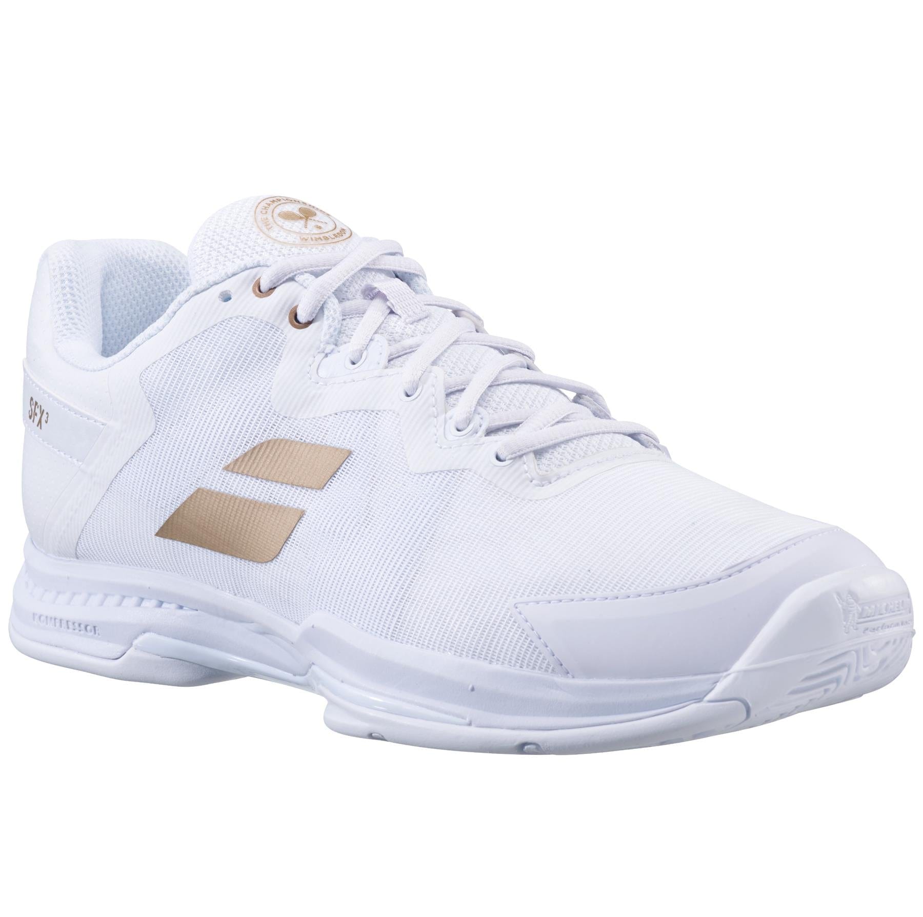 The Babolat SFX3 All Court Wimbledon Women's Tennis Shoes in white and gold feature a mesh upper and rubber sole, complemented by the Kompressor System for optimal cushioning. Designed as lace-ups, these shoes proudly display the Babolat branding on the side and tongue for a sleek appearance.