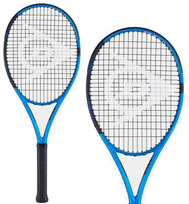 Displayed are two Dunlop FX Team 285g Tennis Rackets (Strung) with a blue and black design, tailored for players focusing on power. These rackets include a patterned grip and a mesh net adorned with a white geometric pattern, making them perfect for intermediate to advanced level players. They are arranged side by side on a white background.